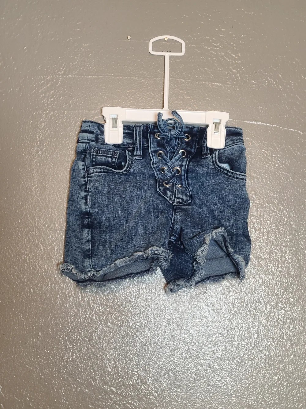 Justice Stylish Lace-Up Frayed Hem Girls Denim Shorts Dark Blue Size 8 Slim EUC